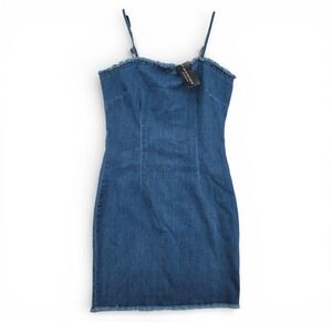 Fashion‎ Nova Womens L Denim Mini Dress Cotton Blue Bodycon Frayed Hem NWT